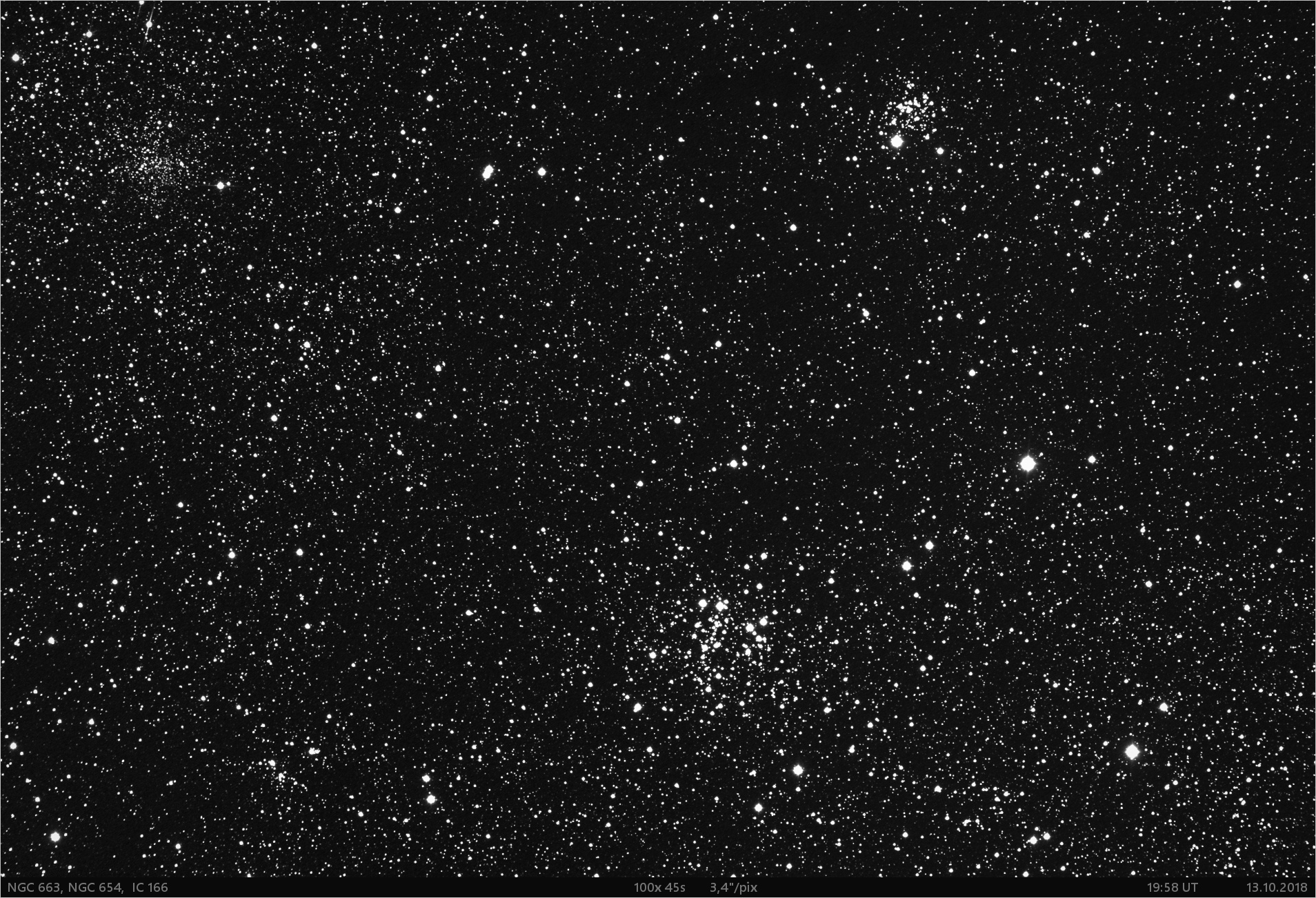 otevřené hvězdokupy NGC663, NGC654, IC166