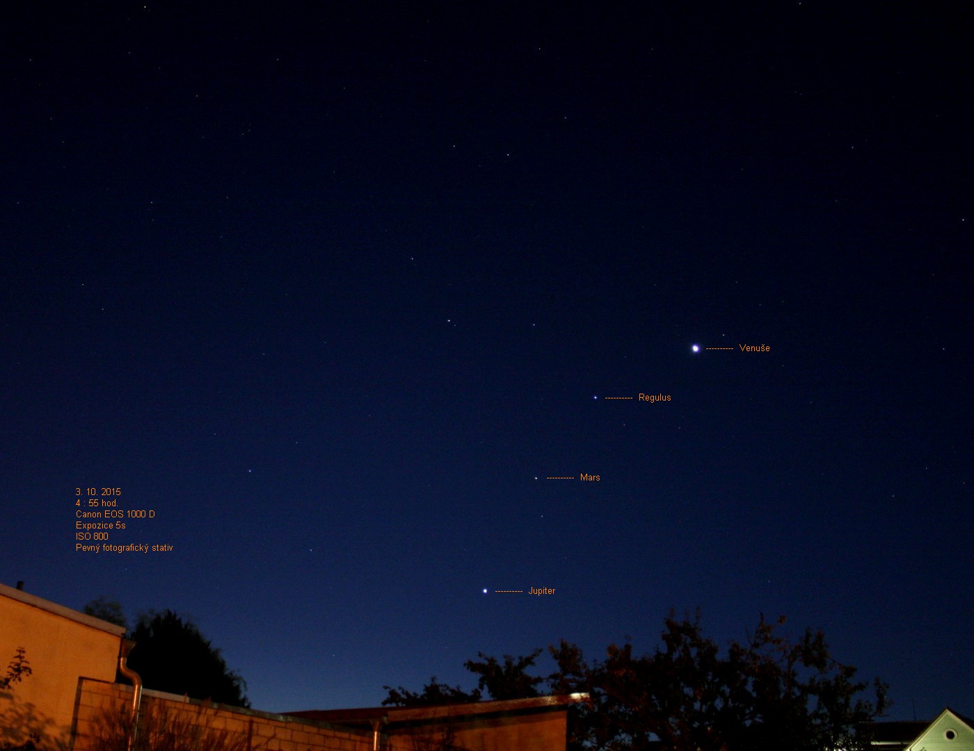 Seskupení Venuše,Regulus,Mars,Jupiter