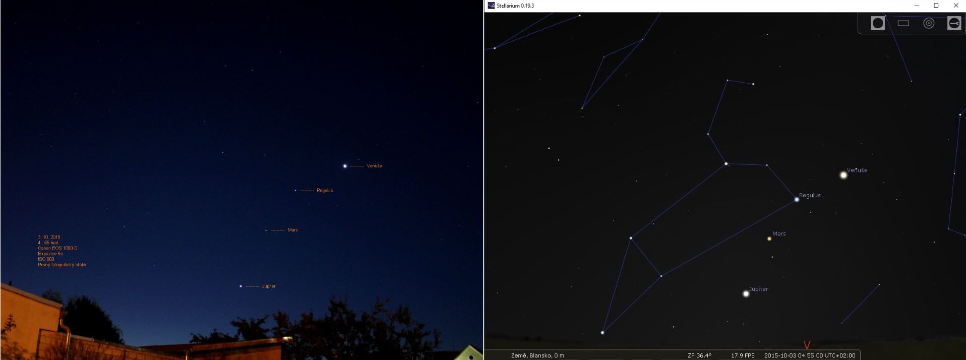 Seskupení Venuše,Regulus,Mars,Jupiter plus Stellarium